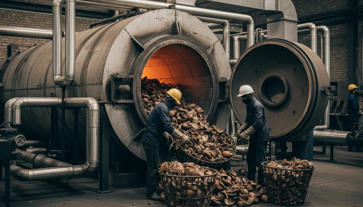Retort kiln loaded with coconut shells for coconut shell charcoal production