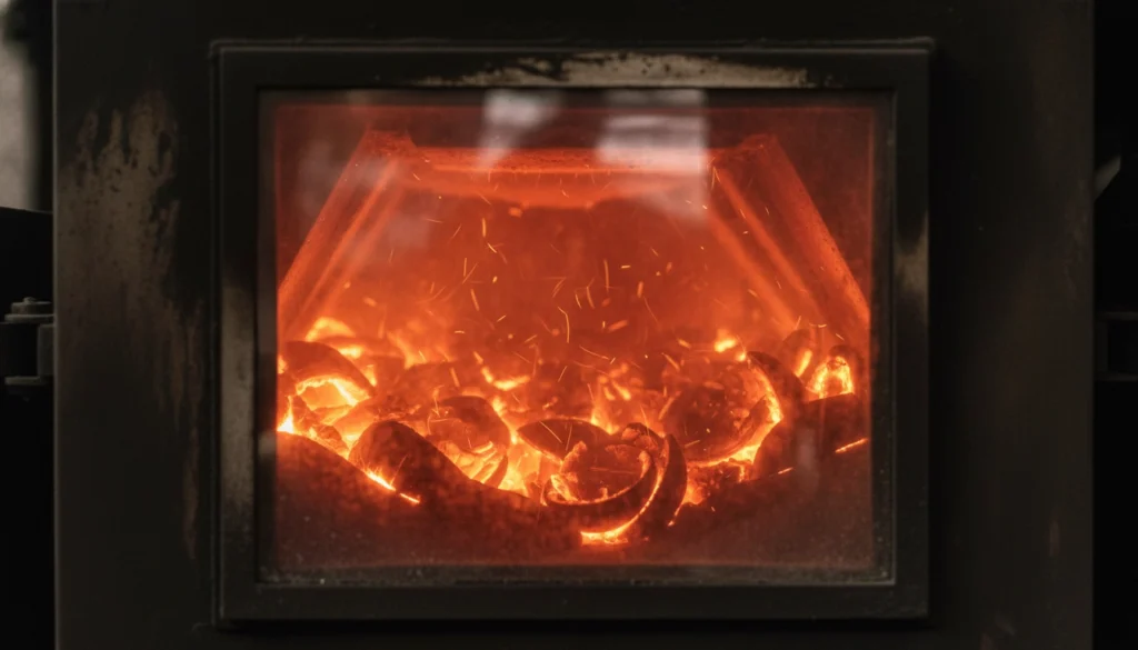 Carbonization stage of coconut shell charcoal production showing glowing interior