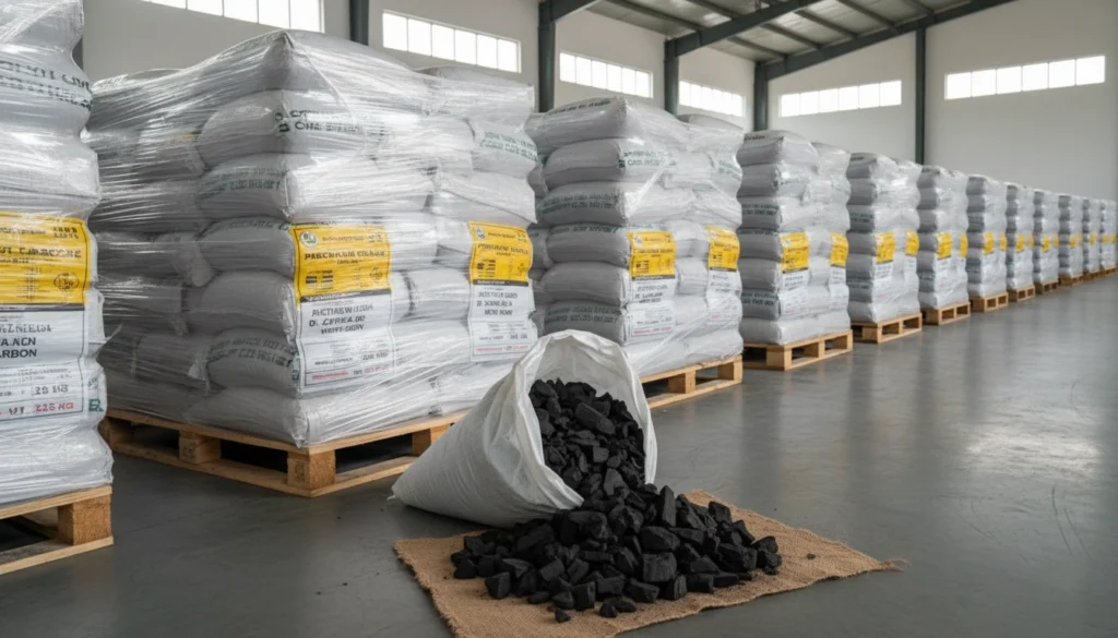 Packaged coconut shell charcoal ready for shipment — labeled and palletized