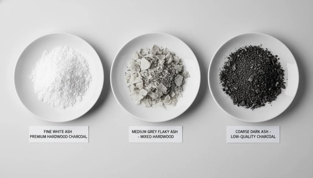 Ash Residue Comparison Comparison of white, gray, and dark ash residues from different hardwood charcoal qualities.