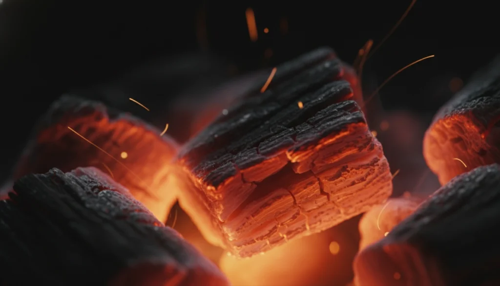 Close Up of Glowing Hot Hardwood Charcoal Close-up macro shot of glowing hardwood charcoal burning at high temperature.