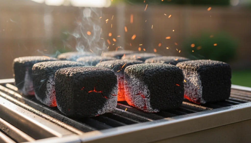 Close-up of glowing coconut shell charcoal briquettes burning evenly on a BBQ grill