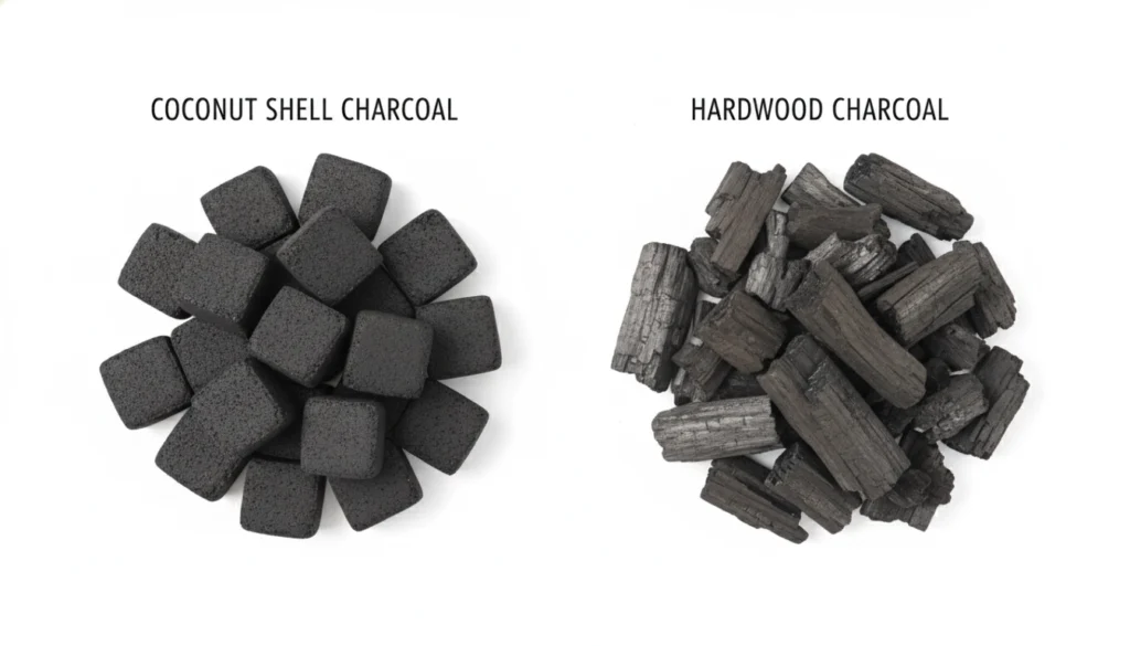 Side-by-side comparison of coconut shell charcoal briquettes and irregular hardwood charcoal pieces