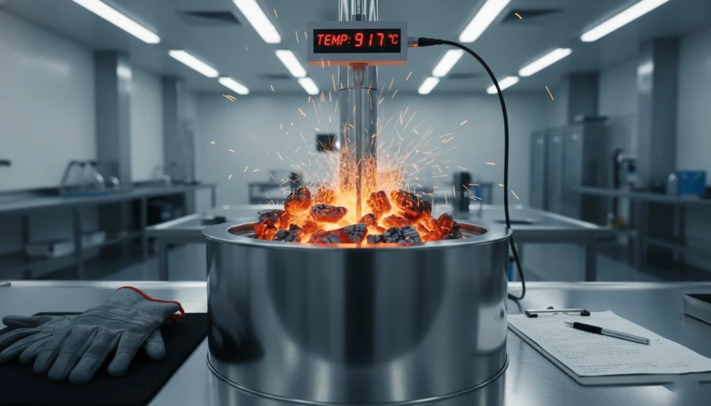 Heat Output Test Setup Professional lab setup measuring hardwood charcoal heat output with thermocouple equipment.