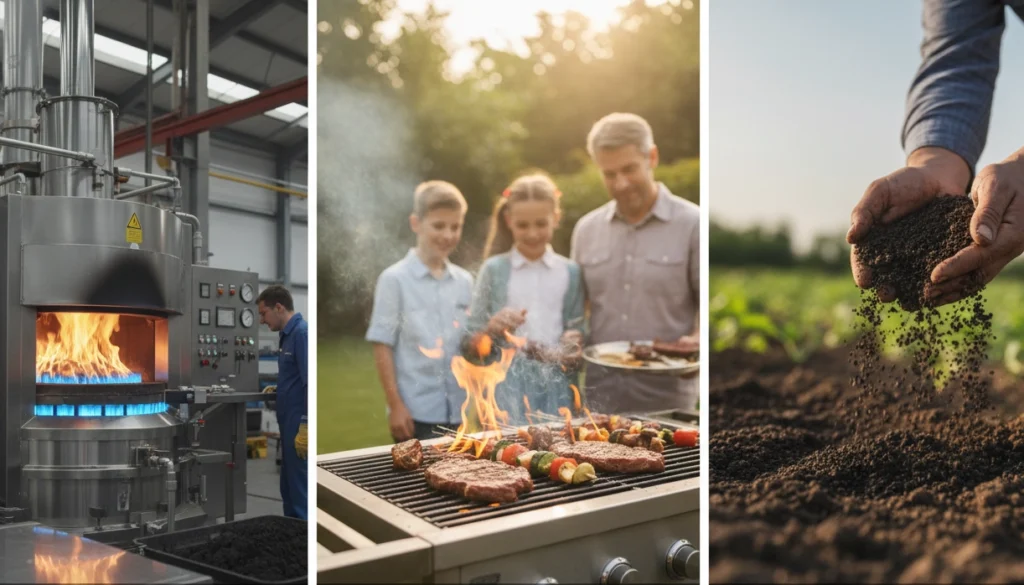 Charcoal used in industrial furnaces, backyard BBQ grilling, and agricultural soil enrichment