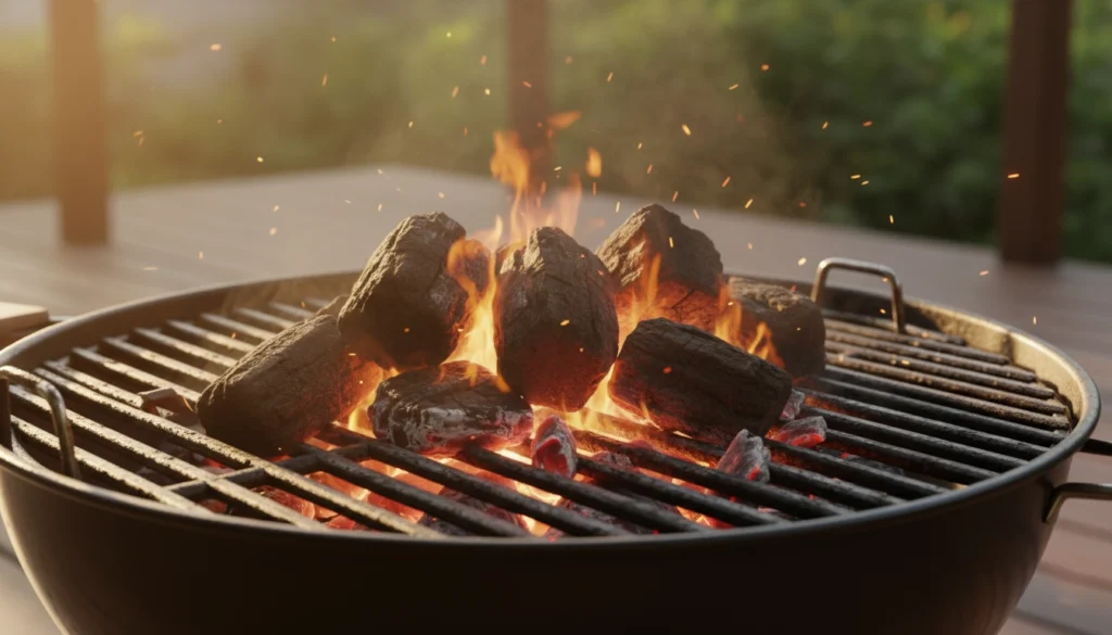 BBQ coconut charcoal briquettes heating on a grill for outdoor cooking