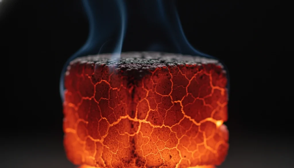 glowing coconut shell charcoal ember showing strong combustion and quality