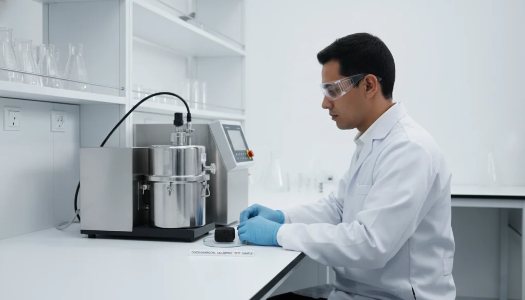 Lab test equipment measuring calorific value of coconut shell charcoal