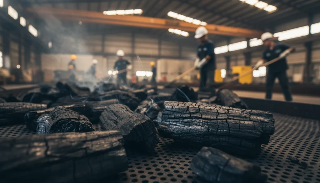 charcoal cooling stabilization phase Piles of hardwood charcoal cooling during the stabilization phase of the hardwood charcoal production process