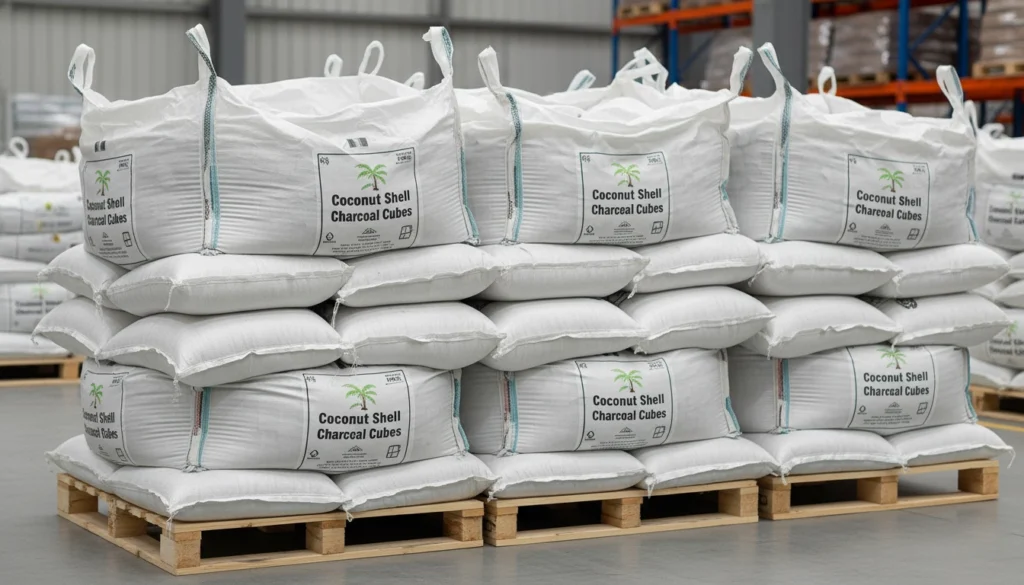 sealed bags of uniform coconut shell charcoal cubes ready for export