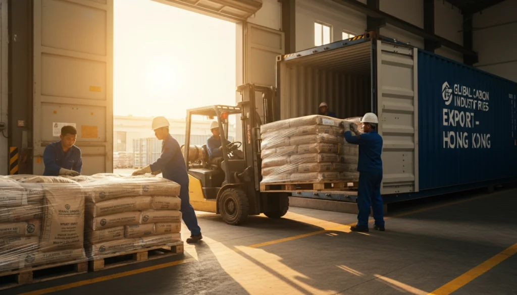 charcoal export packaging loading Workers preparing export-ready bags during the final stage of the hardwood charcoal production process