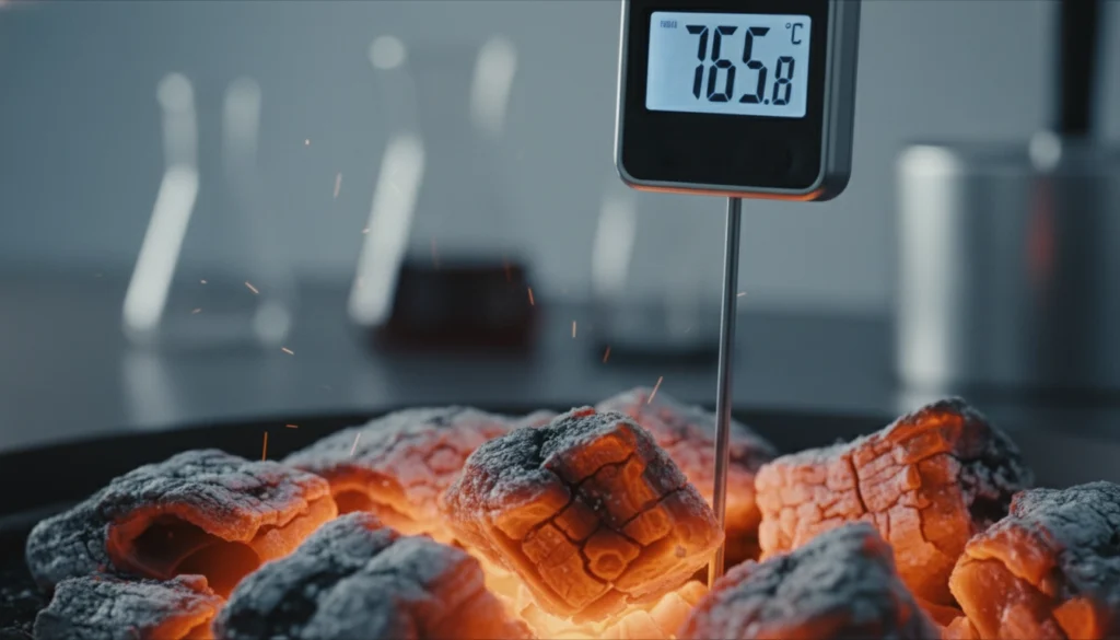 Digital thermocouple measuring internal temperature during a hardwood charcoal heat test