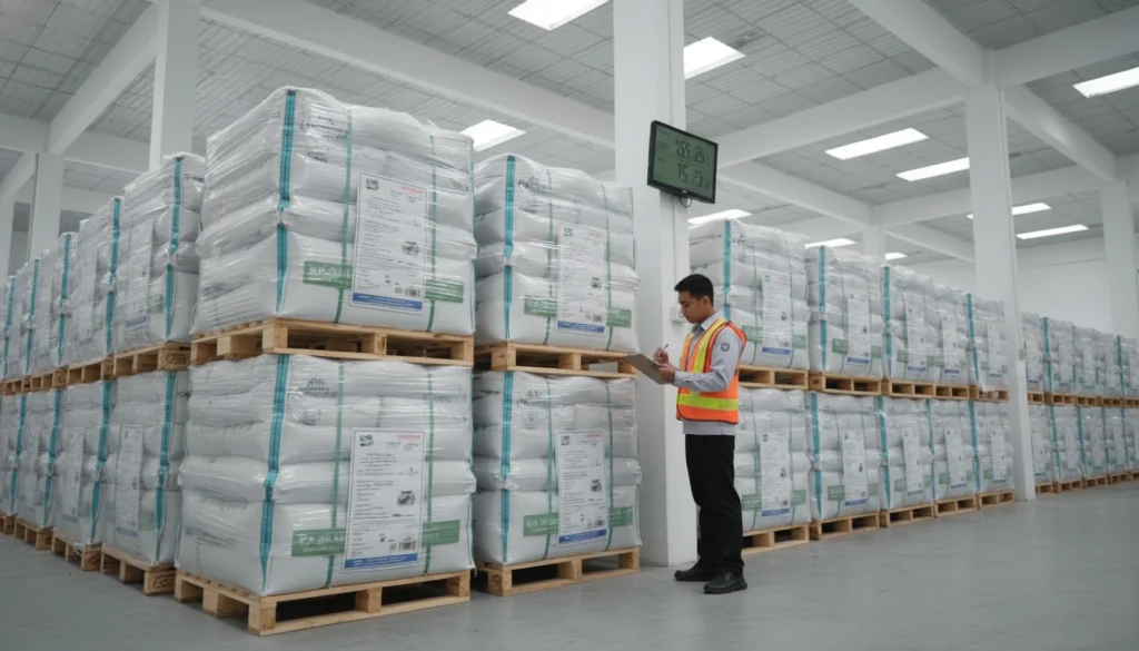 Packaged coconut shell charcoal in dry storage showing proper moisture control