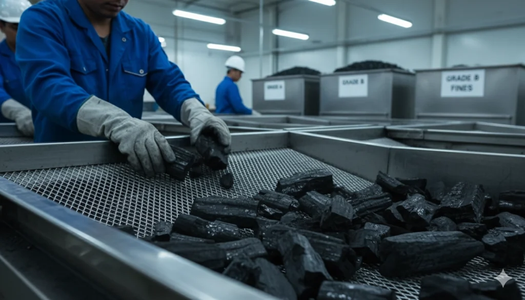 charcoal quality control screening Quality inspectors performing screening and grading during the hardwood charcoal production process
