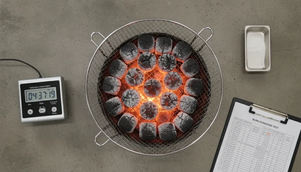 Burn duration test setup used to evaluate hardwood charcoal heat test and consistency
