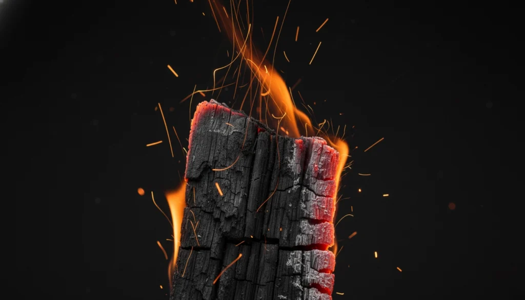 Hardwood charcoal ignition test showing flame response and spark behavior.
