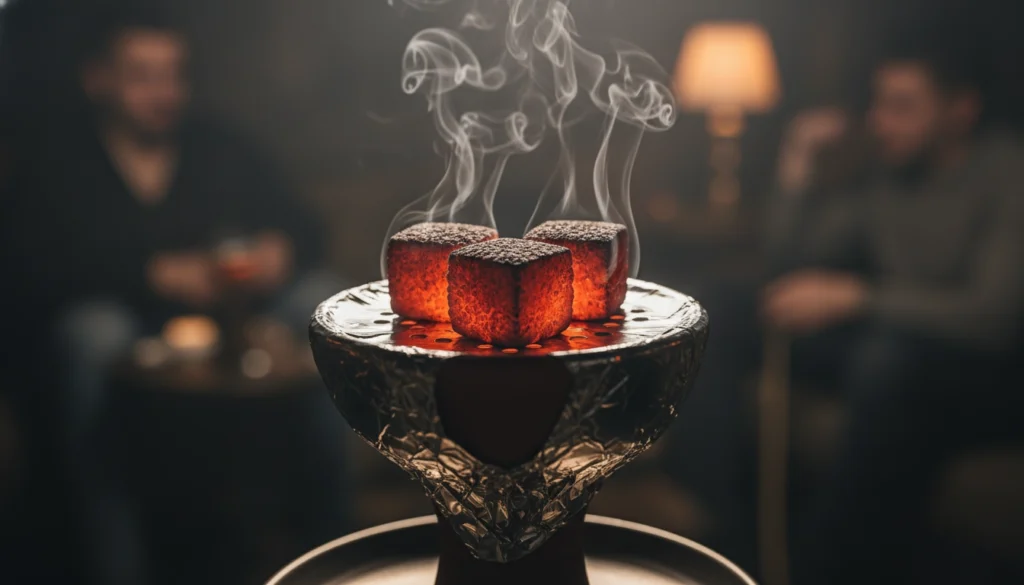 Coconut shell shisha charcoal cubes heating a hookah bowl